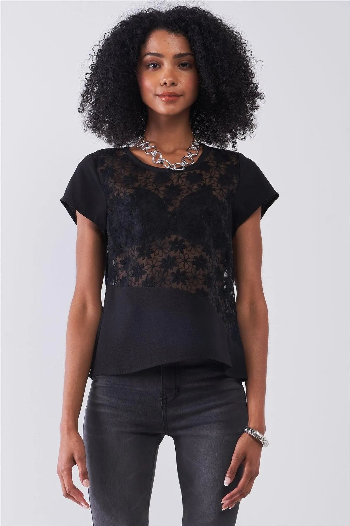 Black Floral Embroidery Round Neck Short Sleeve Sheer Regular Fit Top - Tasha Apparel Wholesale