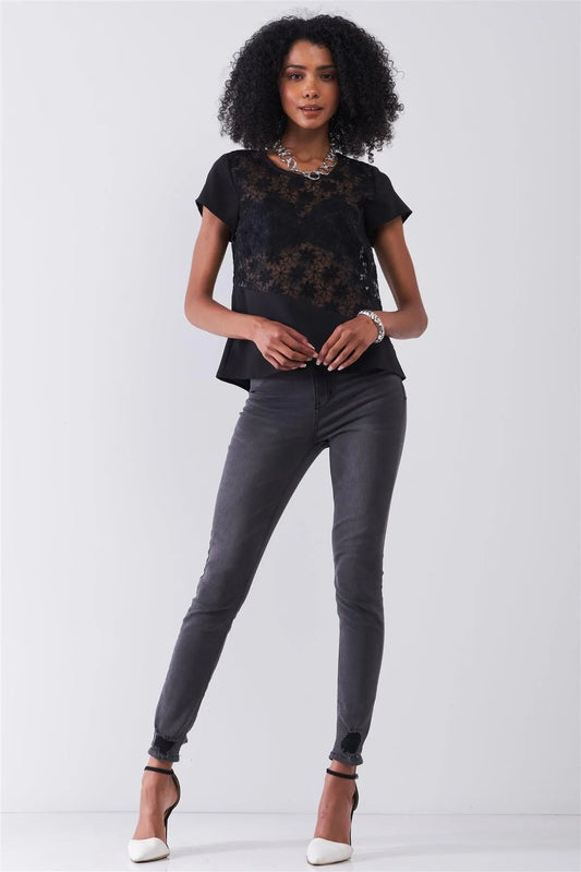 Black Floral Embroidery Round Neck Short Sleeve Sheer Regular Fit Top /3-2-1 - Tasha Apparel Wholesale