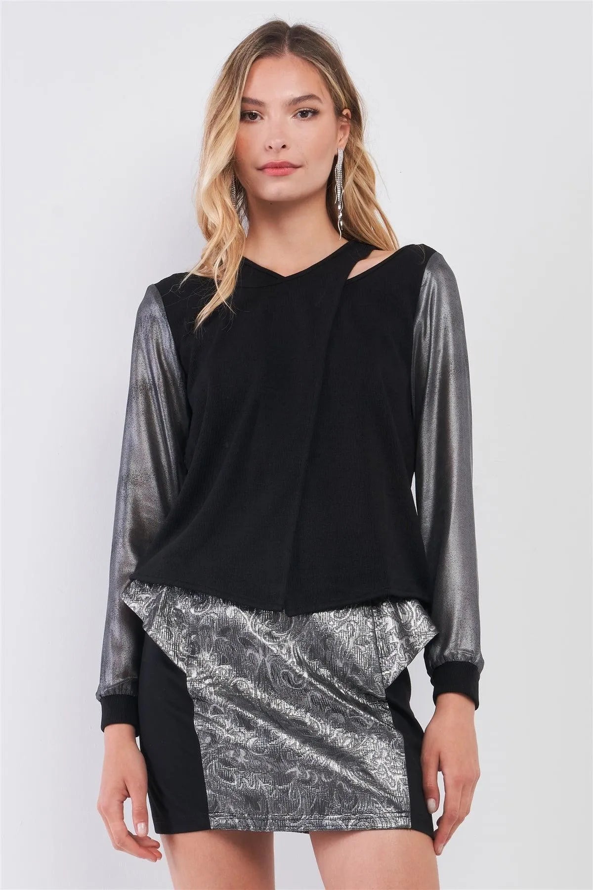 Black & Silver Combined Long Sleeve Asymmetrical Wrap Sweater Top /1-2-1 - Tasha Apparel Wholesale