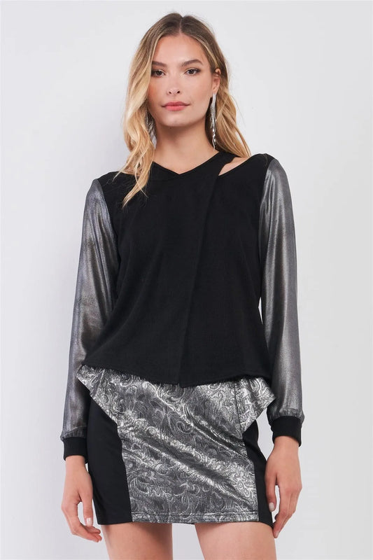 Black & Silver Combined Long Sleeve Asymmetrical Wrap Sweater Top /1-2-2-1 - Tasha Apparel Wholesale