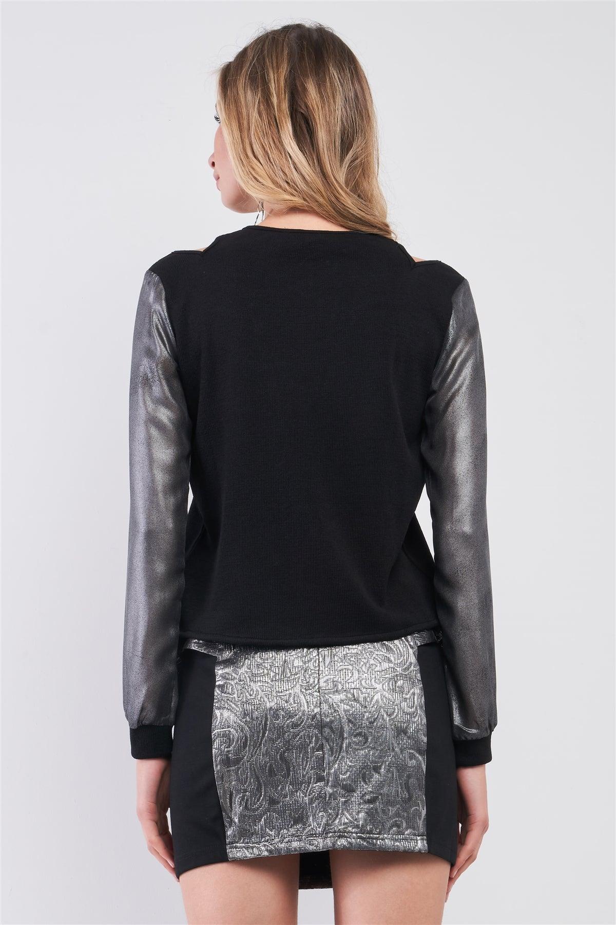 Black & Silver Combined Long Sleeve Asymmetrical Wrap Sweater Top /1-2-2-1