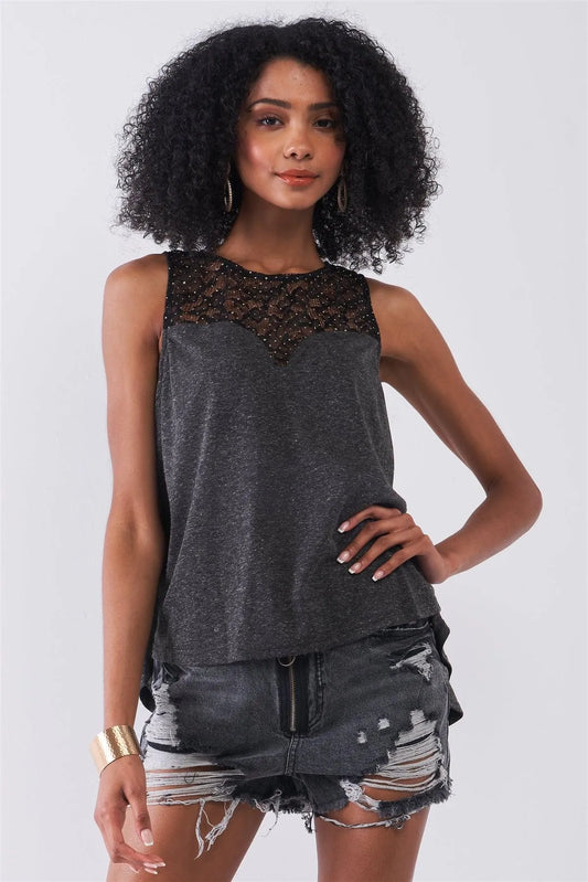 Charcoal Grey Sleeveless Golden Polka Dot Decor Lace Mesh Combo Split Back Detail Sweetheart Neck Top /1-2-2-1 - Tasha Apparel Wholesale