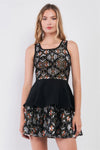 Black Multi Geometric Print Velvet Sleeveless Round Neck Peplum Top & High-Waisted Flare Mini Skirt Two Piece Set /1-1-2-1 - Tasha Apparel Wholesale