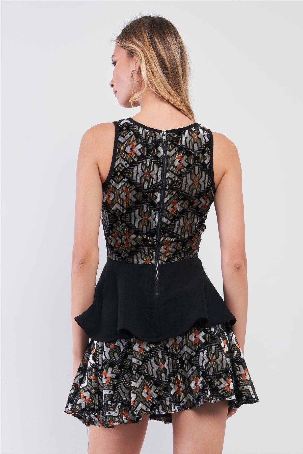 Black Multi Geometric Print Velvet Sleeveless Round Neck Peplum Top & High-Waisted Flare Mini Skirt Two Piece Set /1-1-2-1