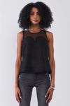 Black Sleeveless Round Neck Sweetheart Imitation Polka Dot Sheer Mesh Print Press Back Cut-Out Details Top /1-1-2-1 - Tasha Apparel Wholesale