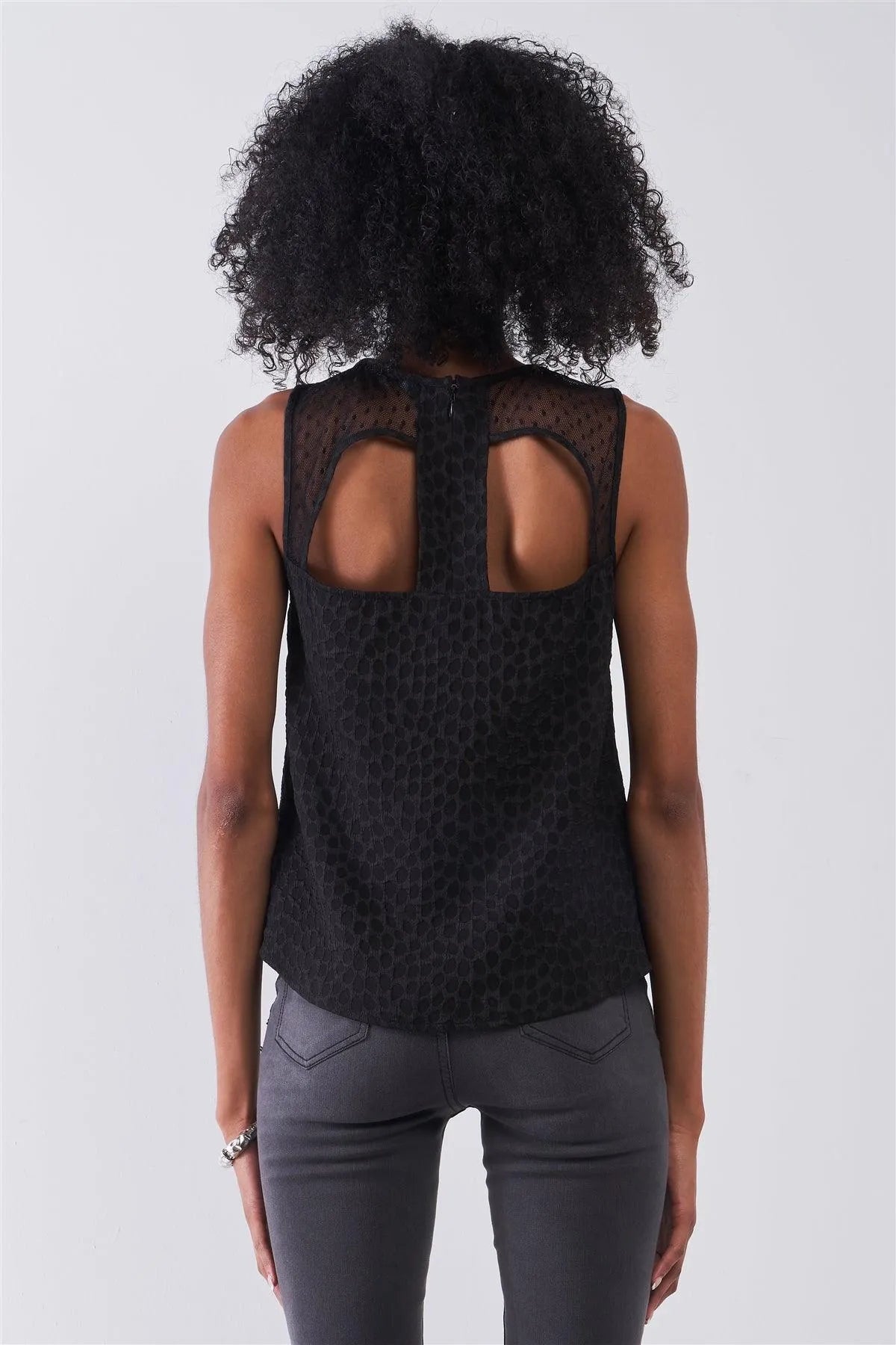Black Sleeveless Round Neck Sweetheart Imitation Polka Dot Sheer Mesh Print Press Back Cut-Out Details Top /1-1-2-1 - Tasha Apparel Wholesale