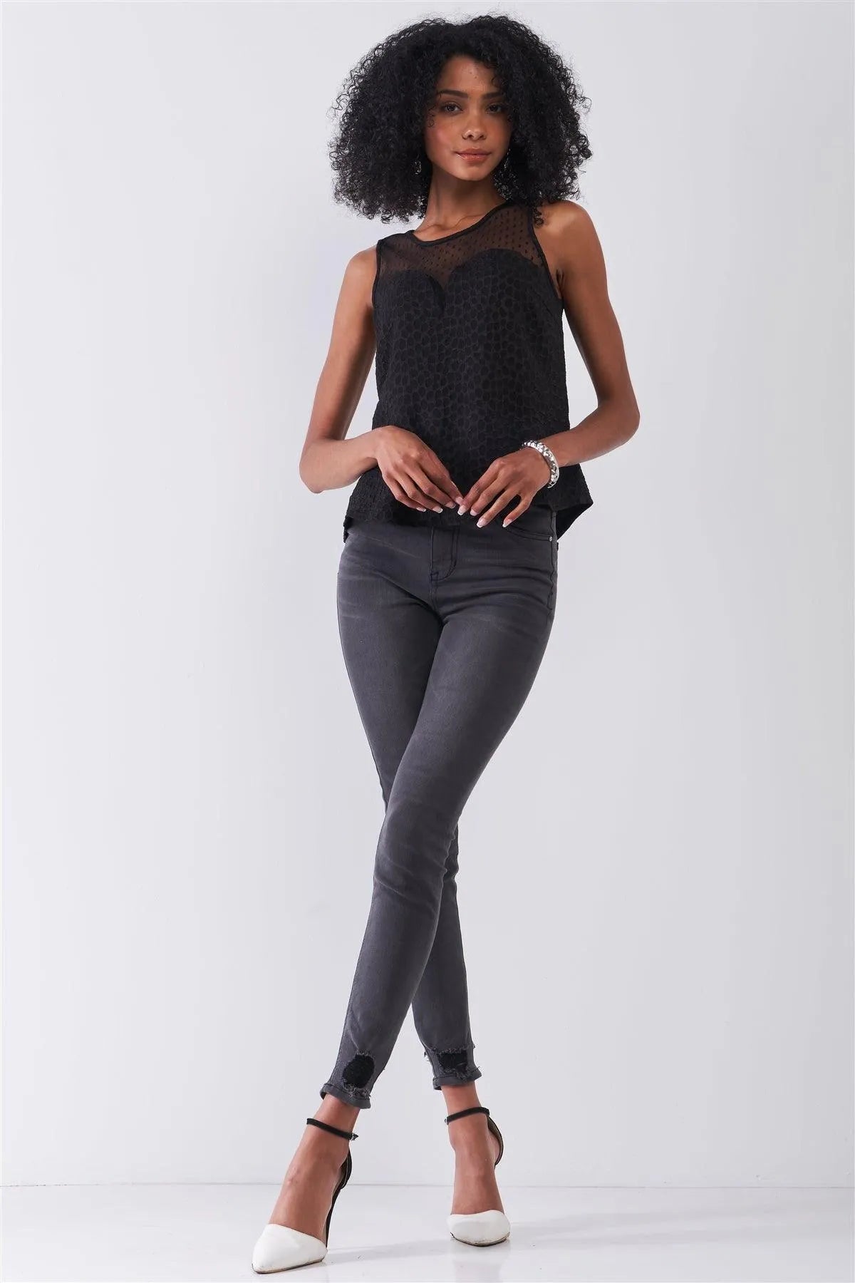 Black Sleeveless Round Neck Sweetheart Imitation Polka Dot Sheer Mesh Print Press Back Cut-Out Details Top /1-1-2-1 - Tasha Apparel Wholesale