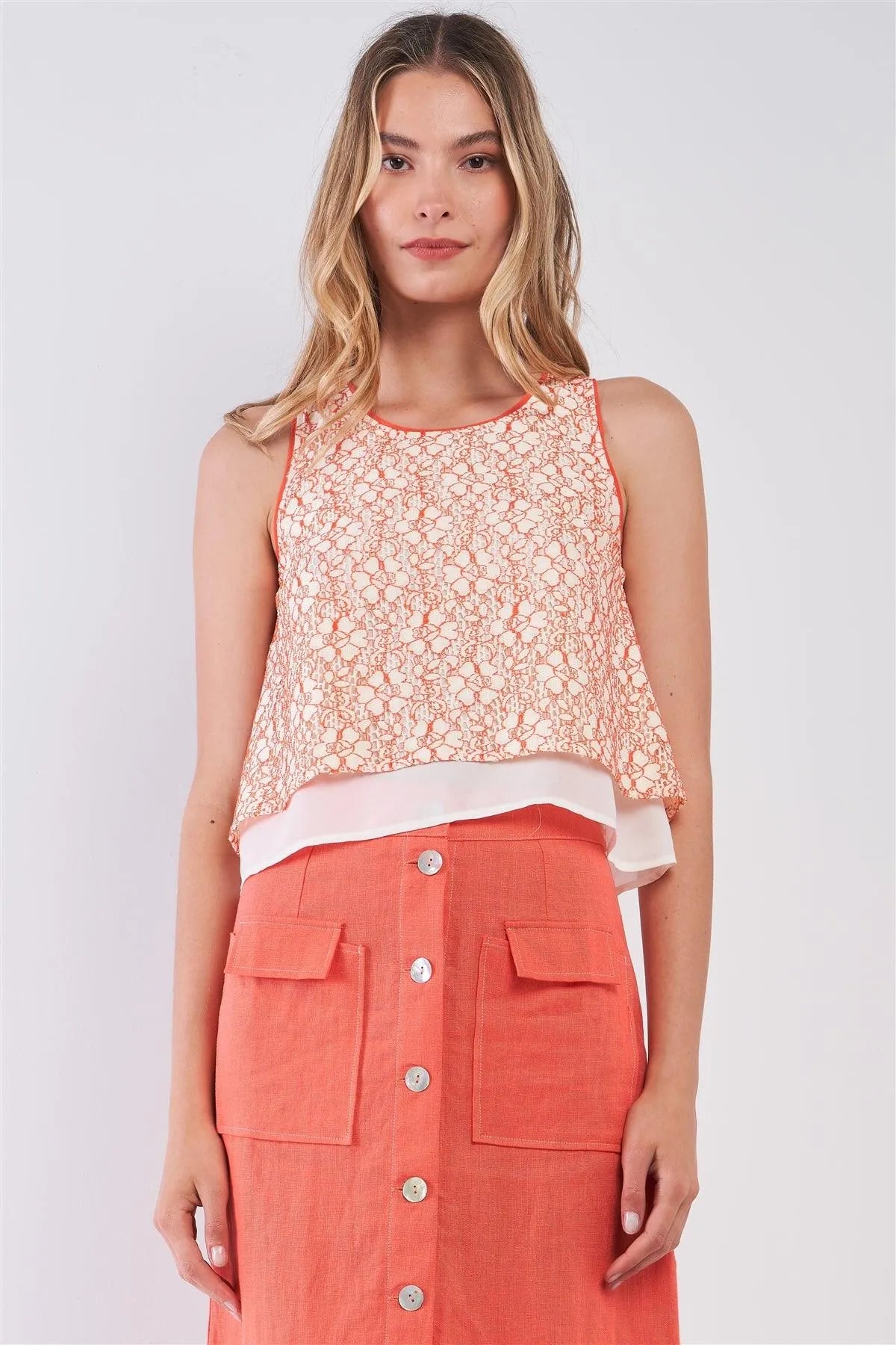 Sunny Apricot Orange Sleeveless Floral Crochet Layered Round Neck Flare Top /1-2-2-1 - Tasha Apparel Wholesale
