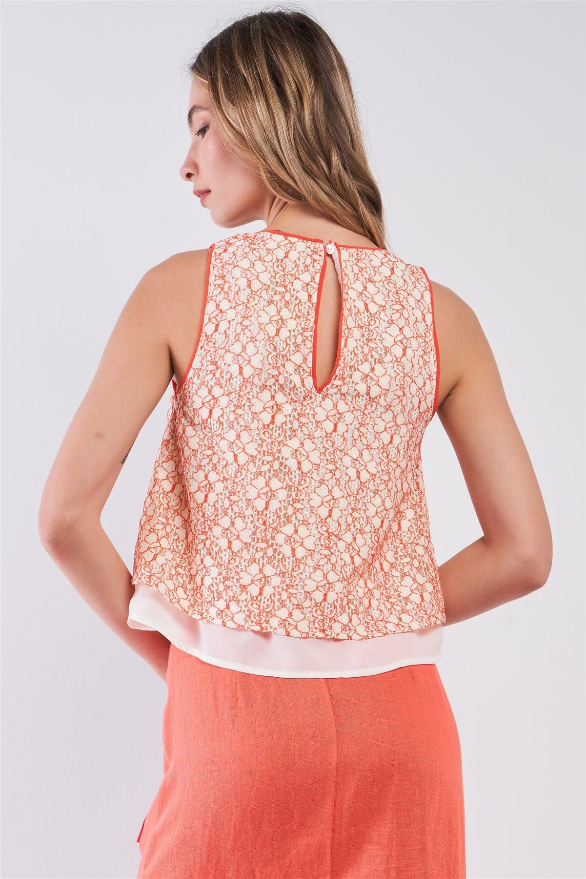 Sunny Apricot Orange Sleeveless Floral Crochet Layered Round Neck Flare Top /1-2-3-1