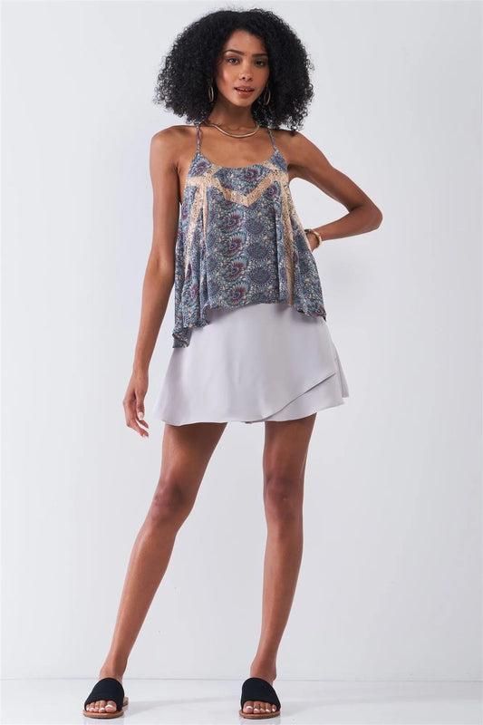 Blue Cream Paisley Pattern Print Sleeveless Lace Cut-Ins Racer Back Detail Relaxed Babydoll Top /1-1-2 - Tasha Apparel Wholesale