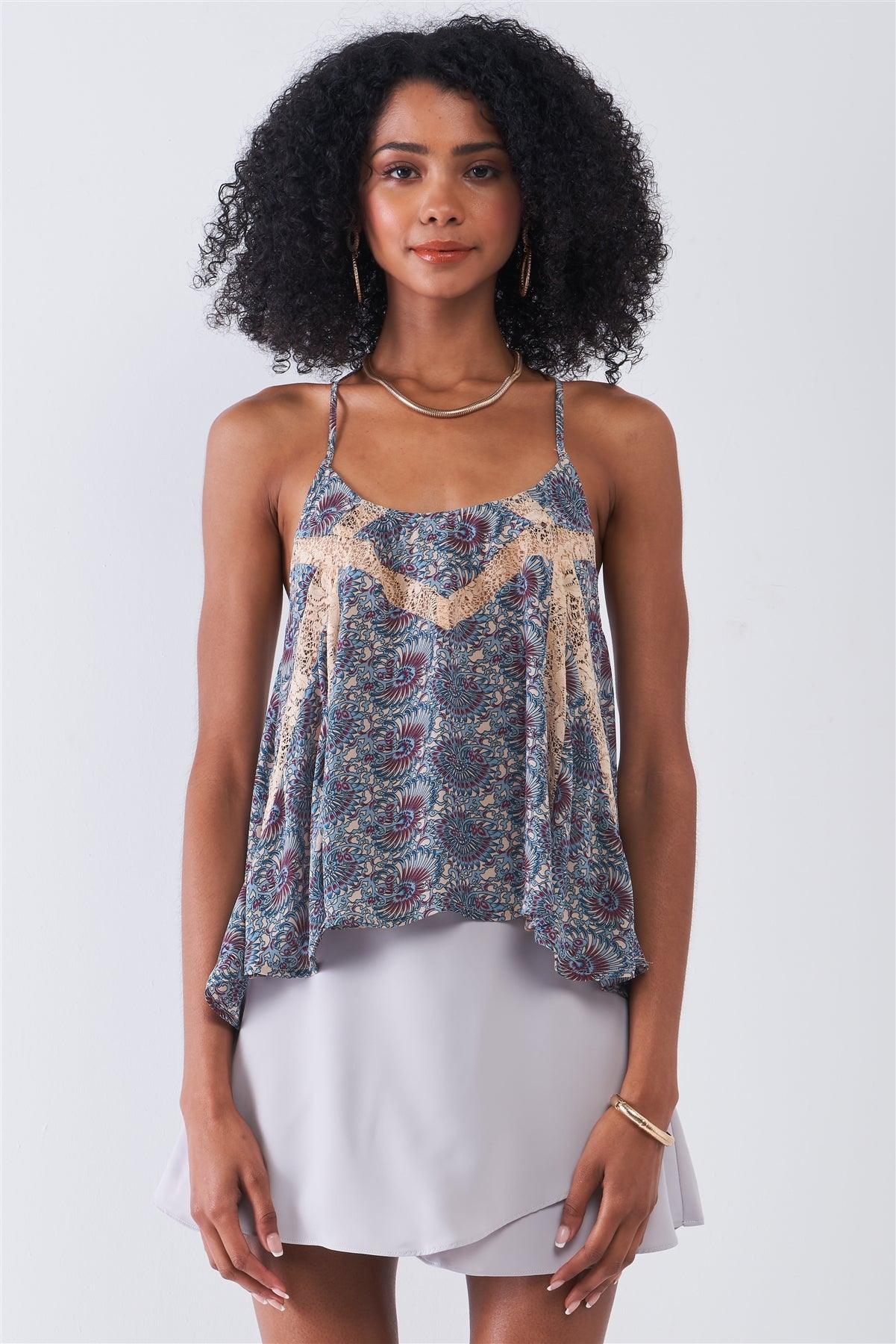 Blue Cream Paisley Pattern Print Sleeveless Lace Cut-Ins Racer Back Detail Relaxed Babydoll Top /1-2-2-1