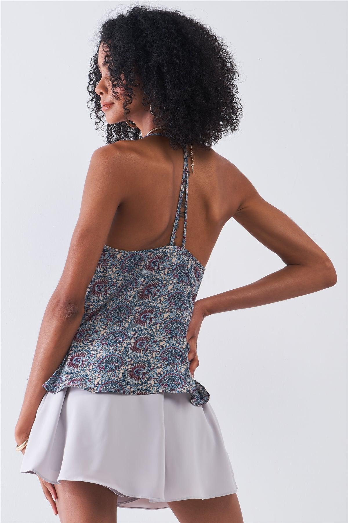 Blue Cream Paisley Pattern Print Sleeveless Lace Cut-Ins Racer Back Detail Relaxed Babydoll Top /1-2-2-1