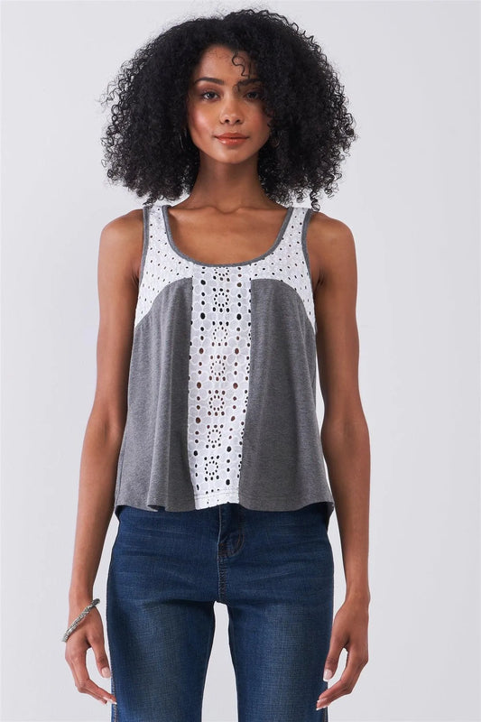 Grey & White Sheer Crochet Trim Sleeveless Scoop Neck Relaxed Top /1-1-2-1 - Tasha Apparel Wholesale
