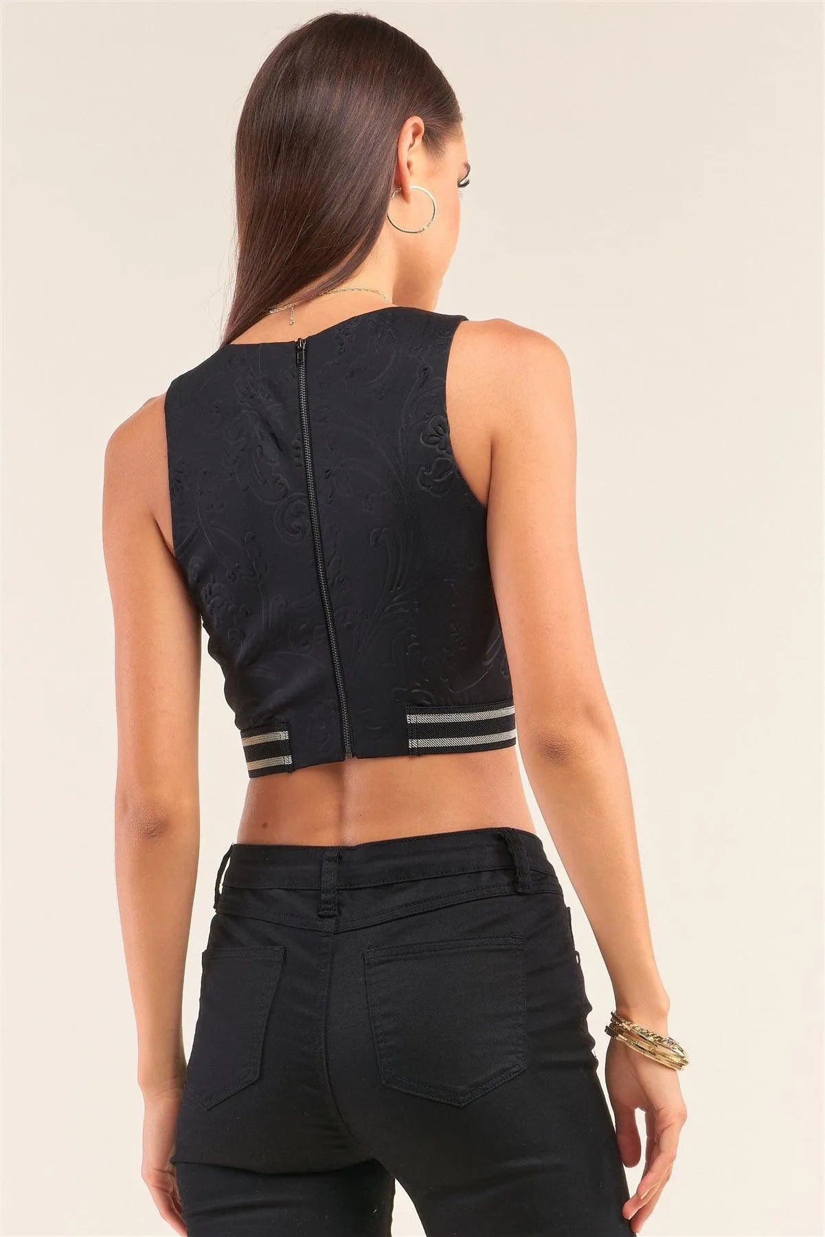 Black Sleeveless Embossed Jacquard Pattern Banded Crop Top - Tasha Apparel Wholesale