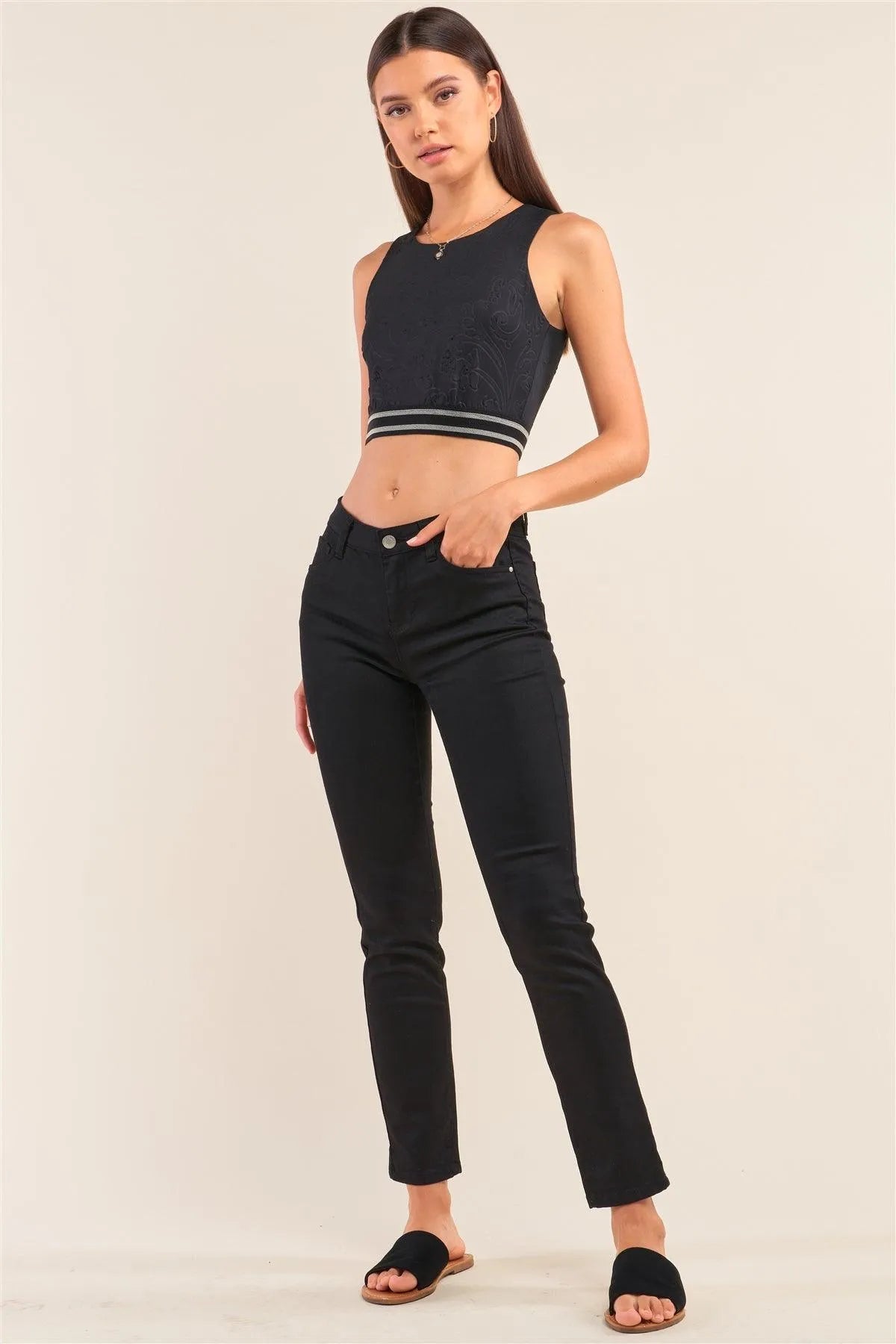 Black Sleeveless Embossed Jacquard Pattern Banded Crop Top - Tasha Apparel Wholesale