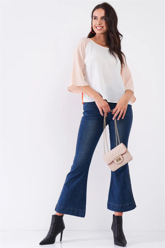 White Multi Contrast Bell Midi Sleeve Round Neck Loose Fit Top /2-3 - Tasha Apparel Wholesale