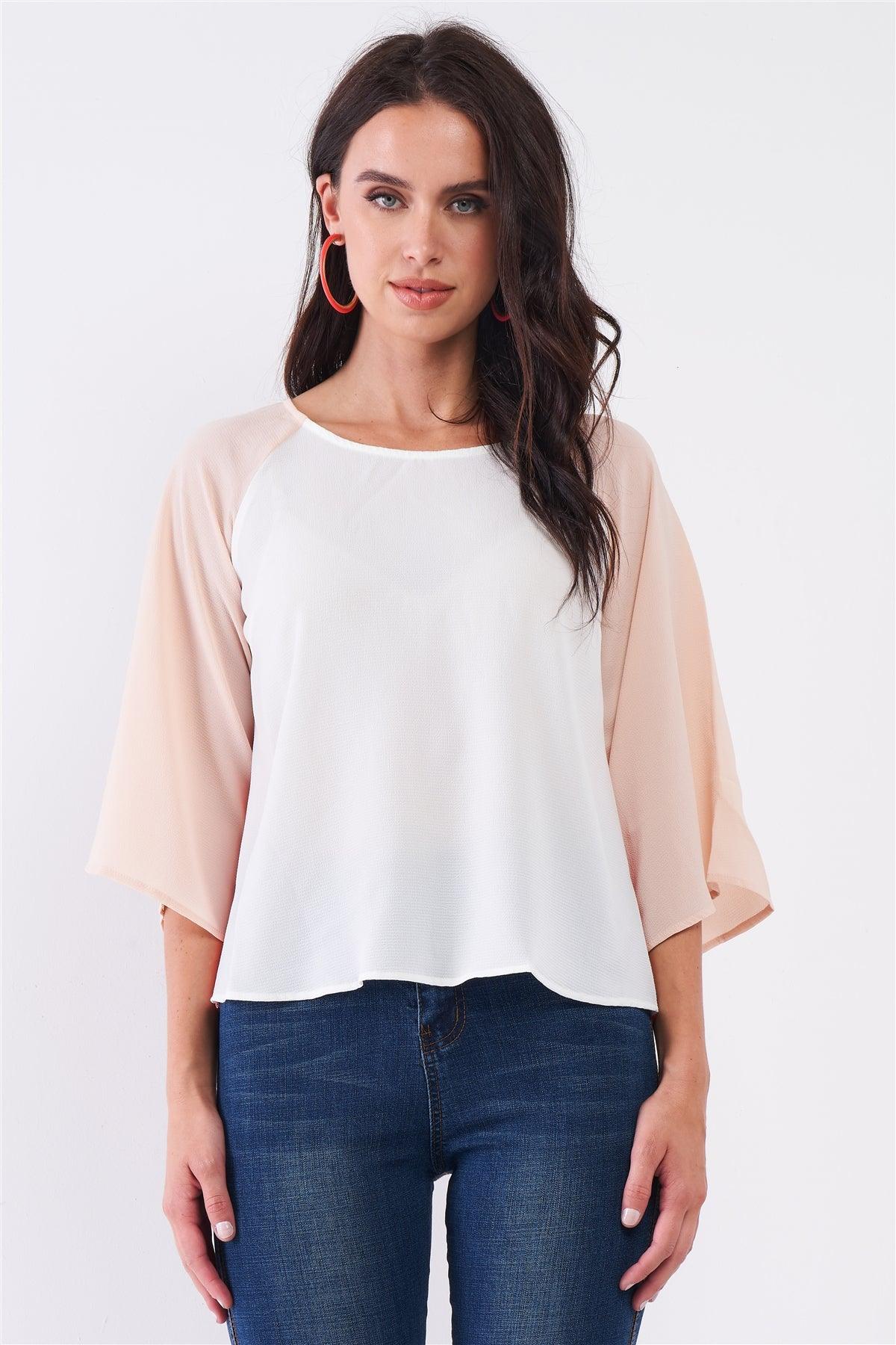 White Multi Contrast Bell Midi Sleeve Round Neck Loose Fit Top /2-3