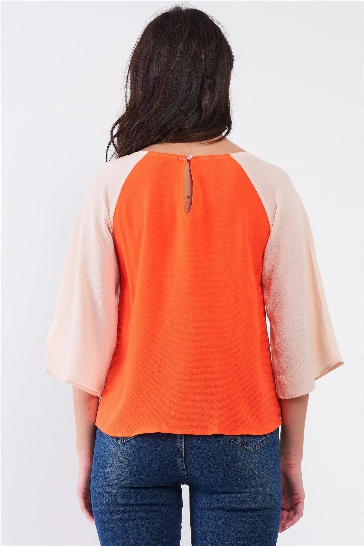 White Multi Contrast Bell Midi Sleeve Round Neck Loose Fit Top /1-2-2-1 - Tasha Apparel Wholesale