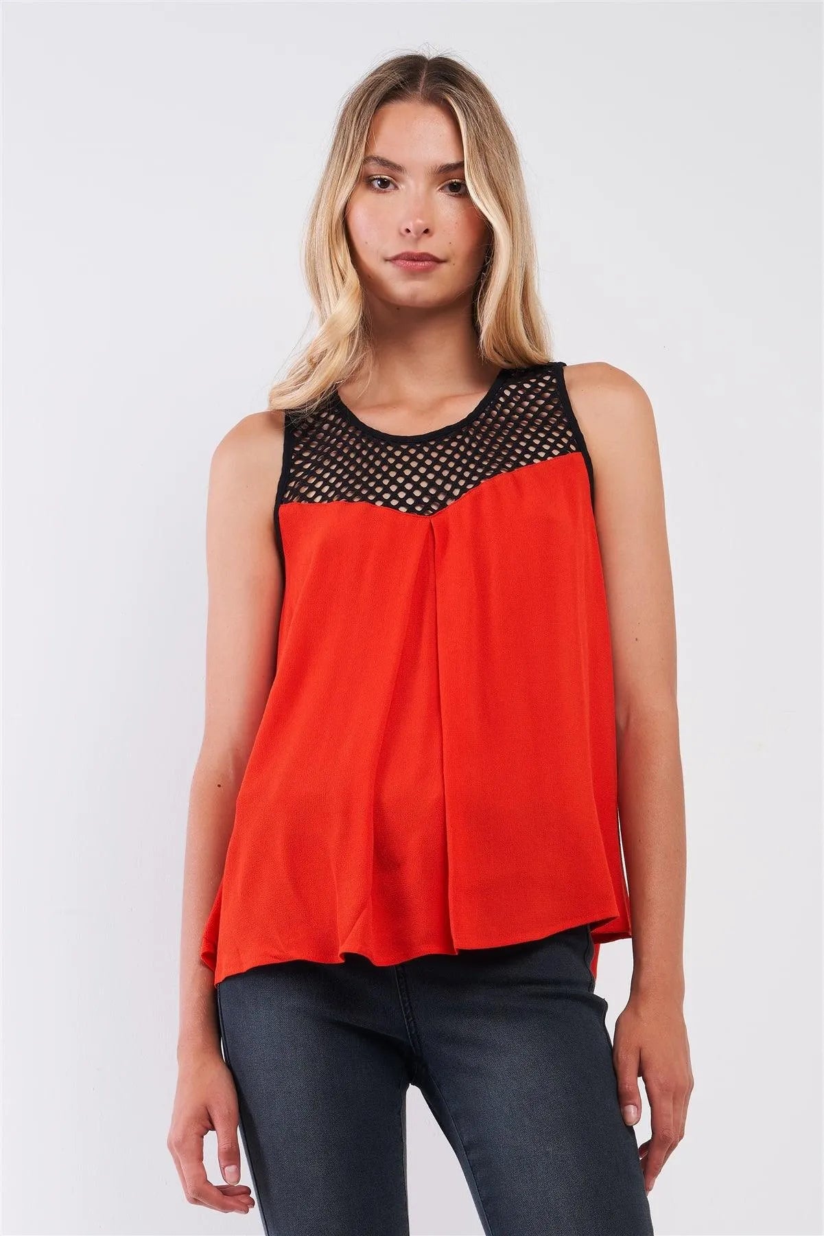 Red & Black Sleeveless Tennis Net Neckline Trim Relaxed Babydoll Top /1-2-2-1 - Tasha Apparel Wholesale