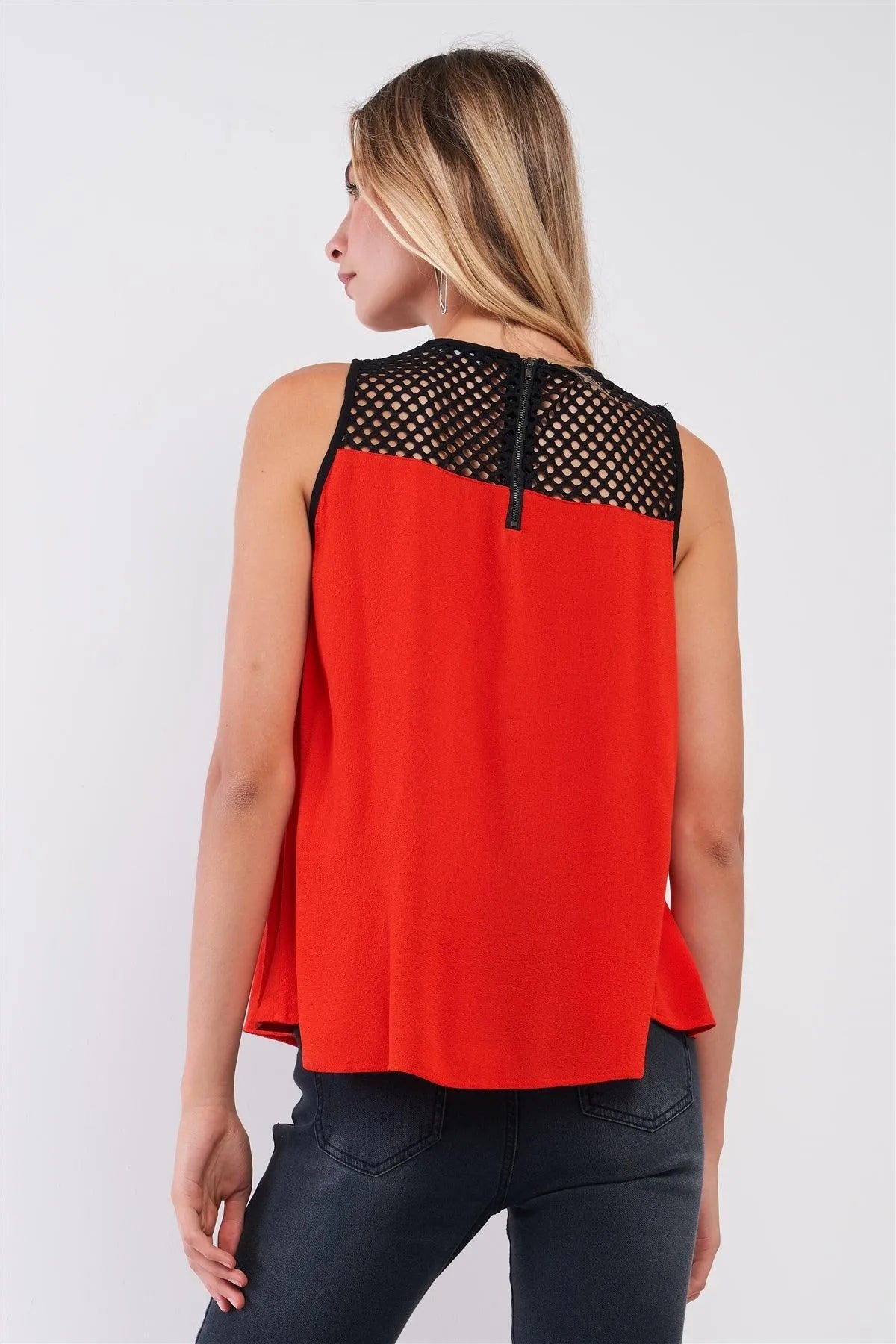 Red & Black Sleeveless Tennis Net Neckline Trim Relaxed Babydoll Top /1-2-2-1 - Tasha Apparel Wholesale