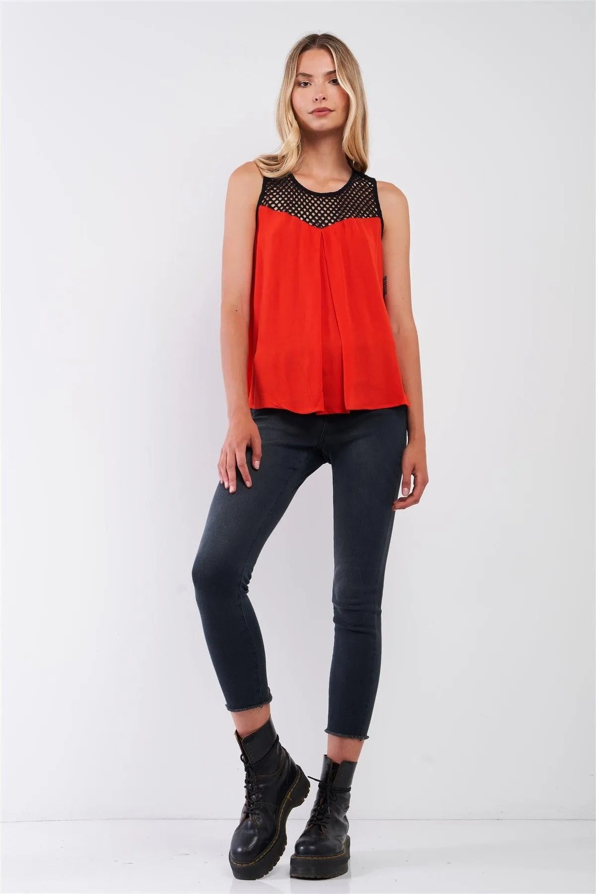 Red & Black Sleeveless Tennis Net Neckline Trim Relaxed Babydoll Top /1-2-2-1 - Tasha Apparel Wholesale