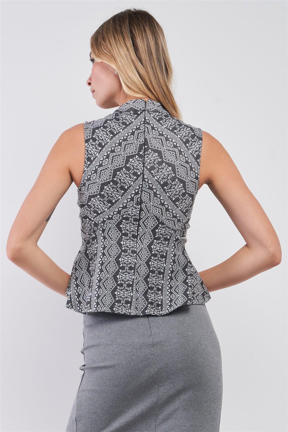 Charcoal Grey Damask-Inspired Geometric Pattern Print Sleeveless Mock Neck Fit & Flare Top /1-2-2-1