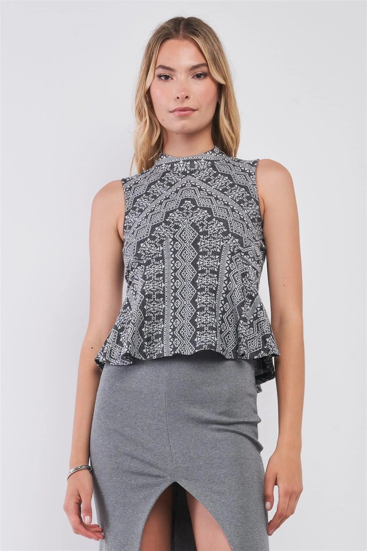 Charcoal Grey Damask-Inspired Geometric Pattern Print Sleeveless Mock Neck Fit & Flare Top /1-1-2-2 - Tasha Apparel Wholesale