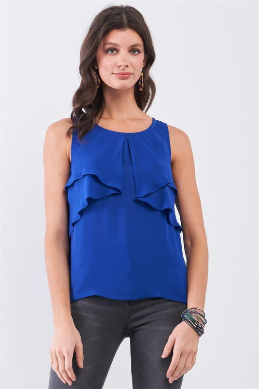 Royal Blue Sleeveless Round Neck Layered Babydoll Top /1-2-2-1 - Tasha Apparel Wholesale