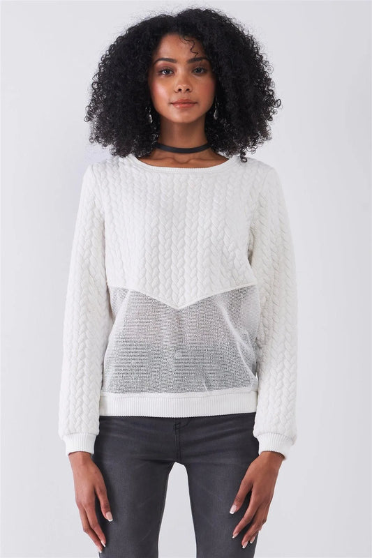 Off-White Round Neck Long Sleeve Braid Quilted Sheer Mesh Detail Sweatshirt /1-1-1-1 - Tasha Apparel Wholesale