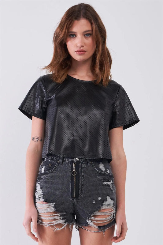 Black Vegan Leather Laser Cut Round Neck Wide Short Sleeve Cropped Top /1-2-2-1 - Tasha Apparel Wholesale