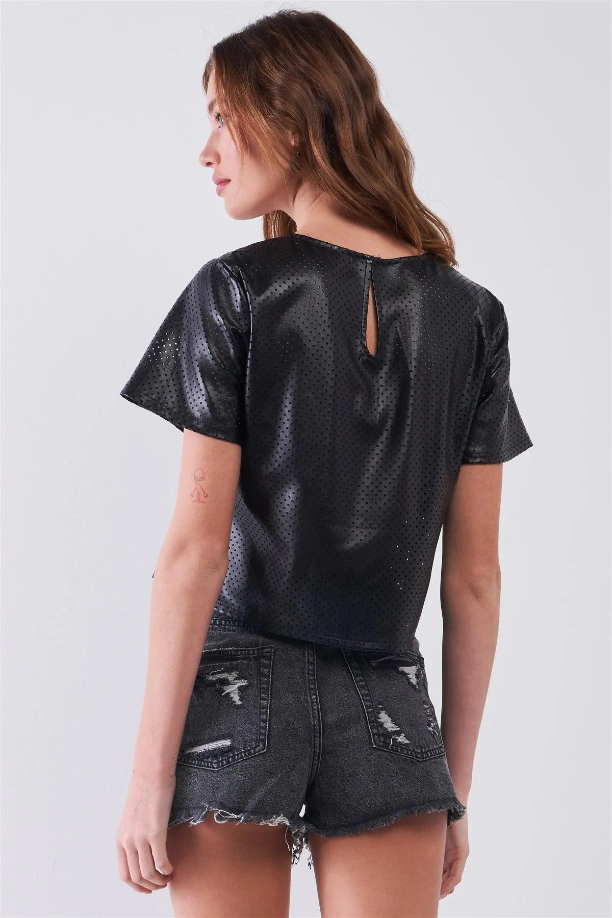 Black Vegan Leather Laser Cut Round Neck Wide Short Sleeve Cropped Top /1-2-2-1 - Tasha Apparel Wholesale