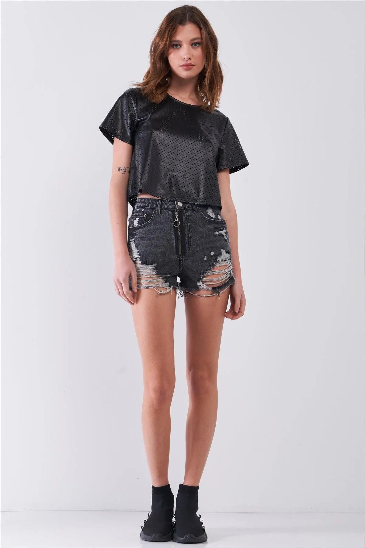 Black Vegan Leather Laser Cut Round Neck Wide Short Sleeve Cropped Top /1-2-2-1 - Tasha Apparel Wholesale