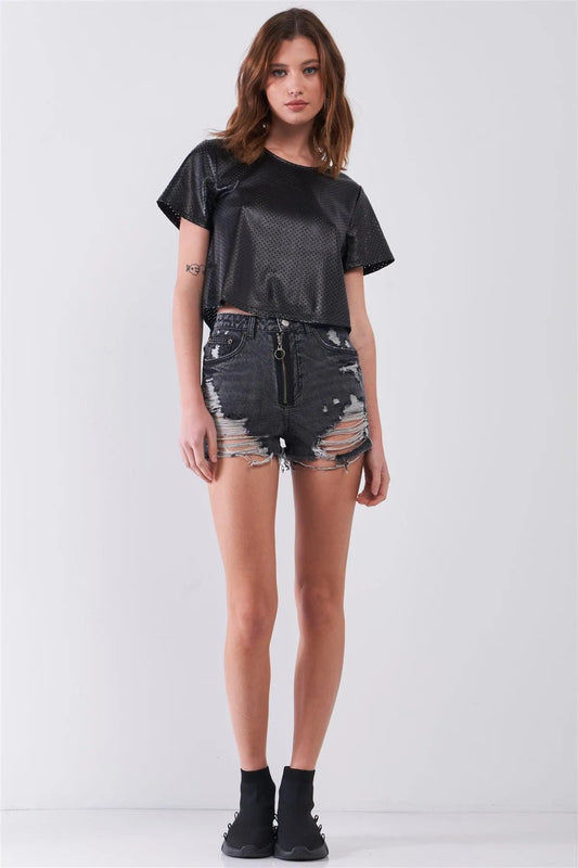 Black Vegan Leather Laser Cut Round Neck Wide Short Sleeve Cropped Top /2-1-2-1 - Tasha Apparel Wholesale