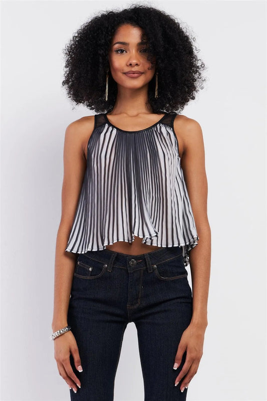 Black & White Pleated Sleeveless Vegan Leather Trim Detail Cropped Top /1-2-2-1 - Tasha Apparel Wholesale