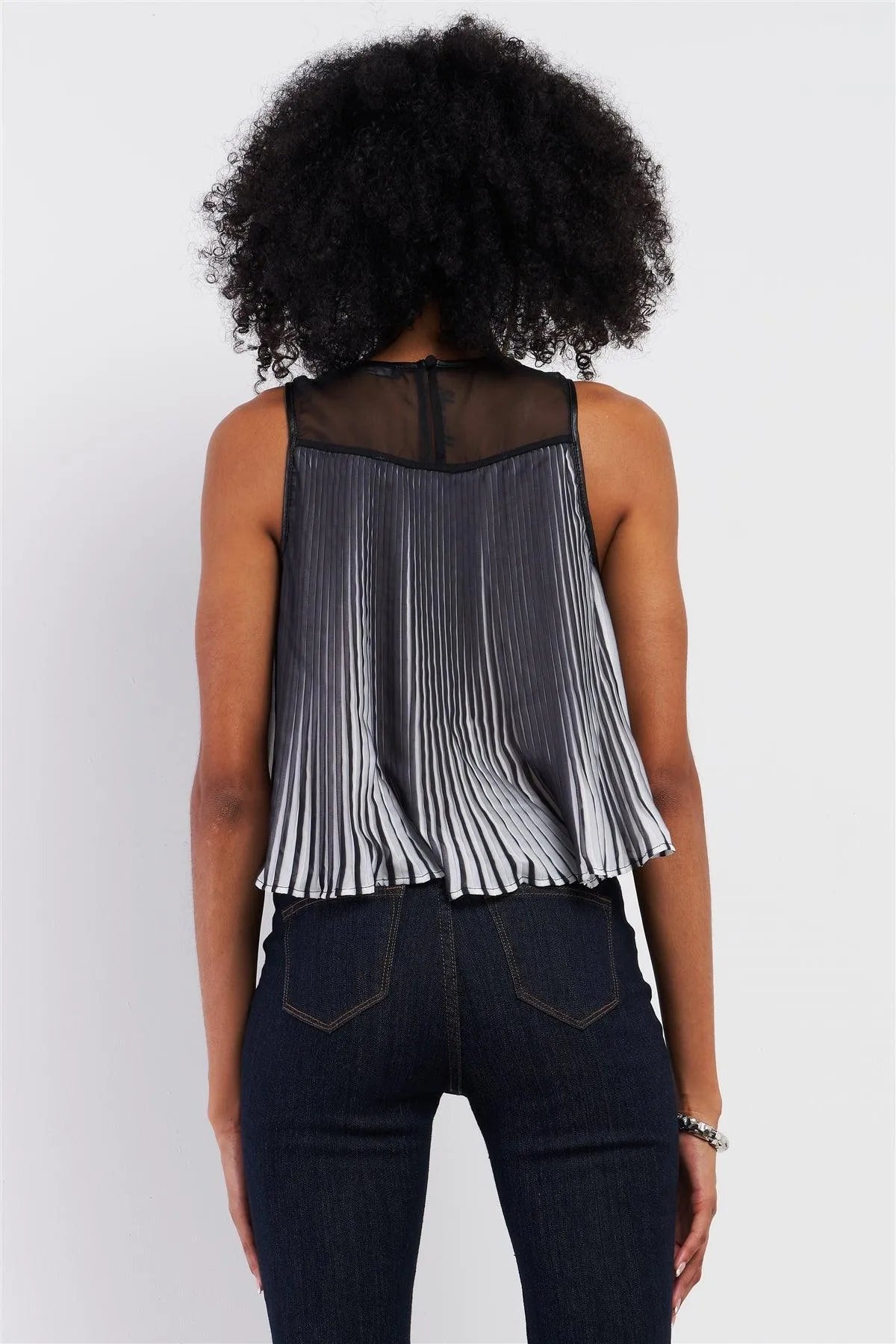 Black & White Pleated Sleeveless Vegan Leather Trim Detail Cropped Top /1-2-2-1 - Tasha Apparel Wholesale