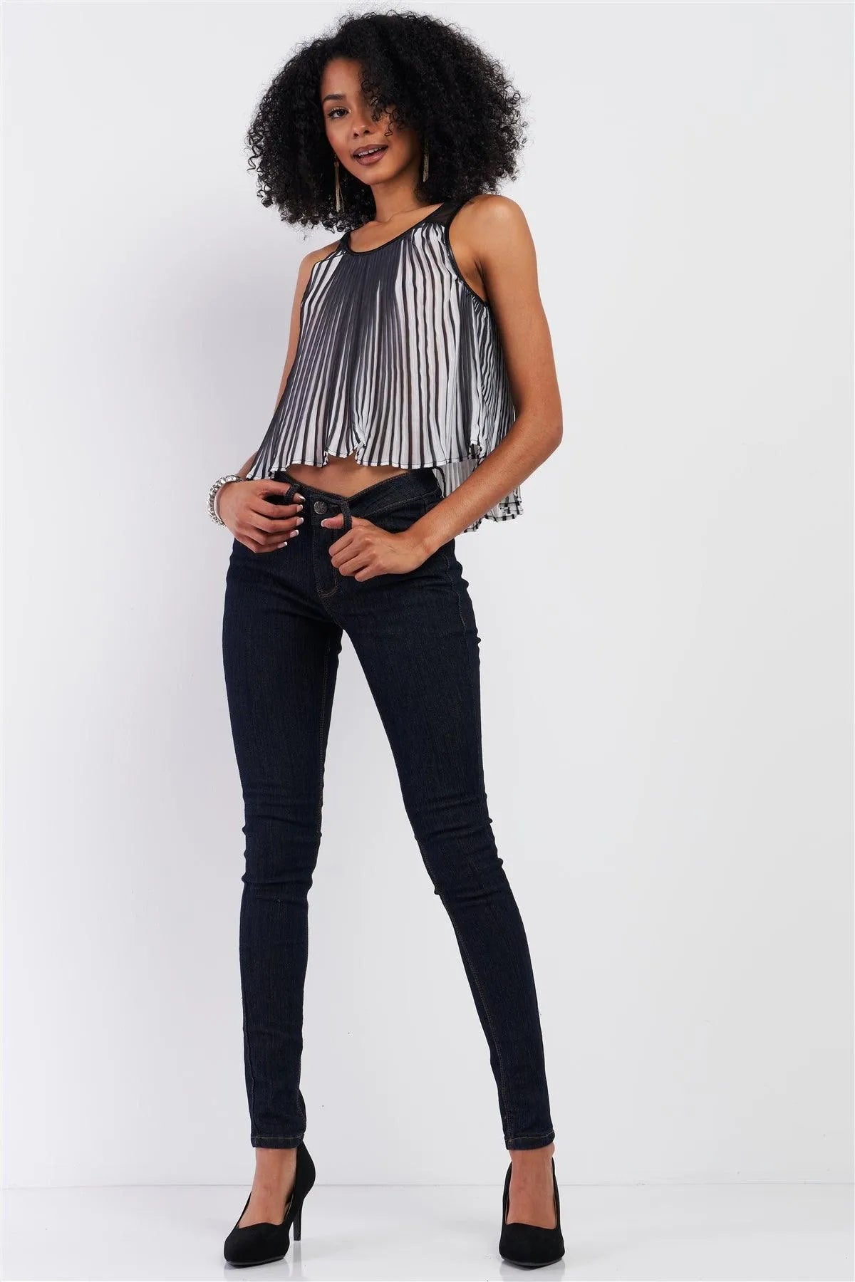 Black & White Pleated Sleeveless Vegan Leather Trim Detail Cropped Top /1-2-2-1 - Tasha Apparel Wholesale