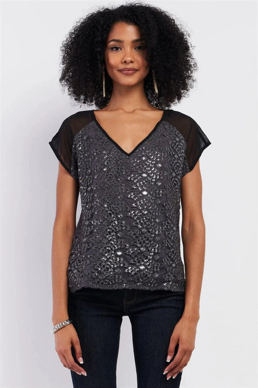 Grey & Black Mesh Crochet Sequin Embroidery V-Neck Top /1-2-2 - Tasha Apparel Wholesale