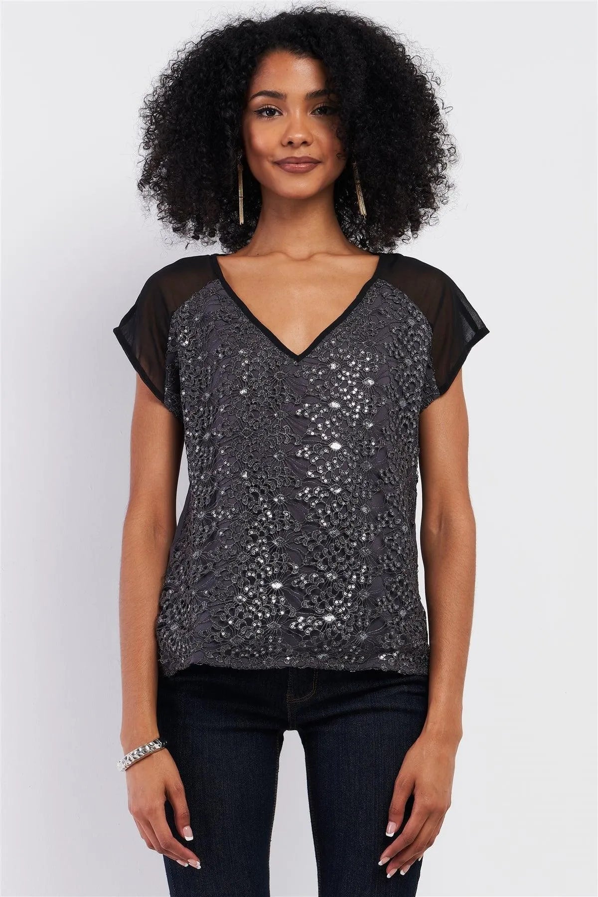 Grey & Black Mesh Crochet Sequin Embroidery V-Neck Top /1-2-2-1 - Tasha Apparel Wholesale