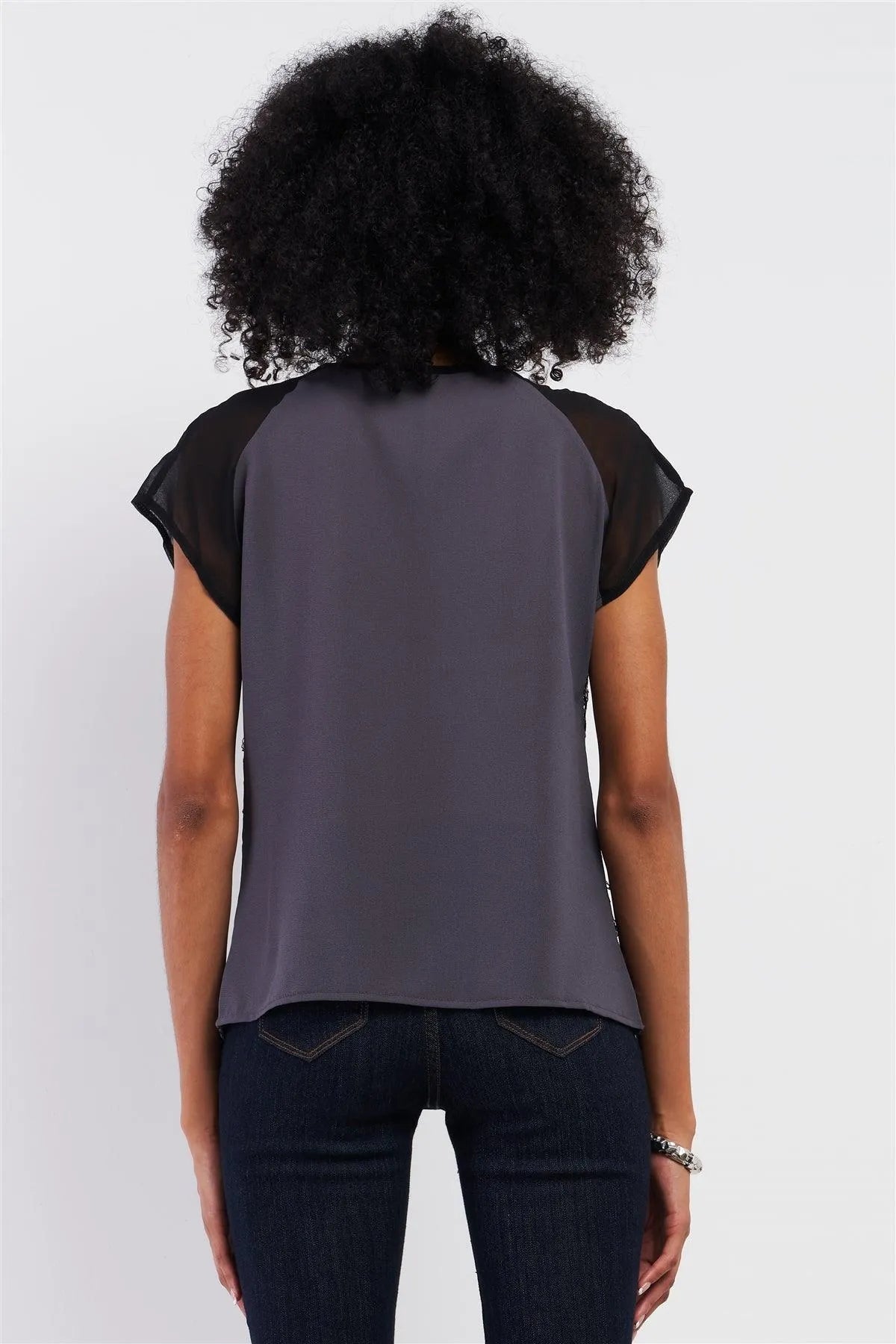 Grey & Black Mesh Crochet Sequin Embroidery V-Neck Top /1-2-2-1 - Tasha Apparel Wholesale