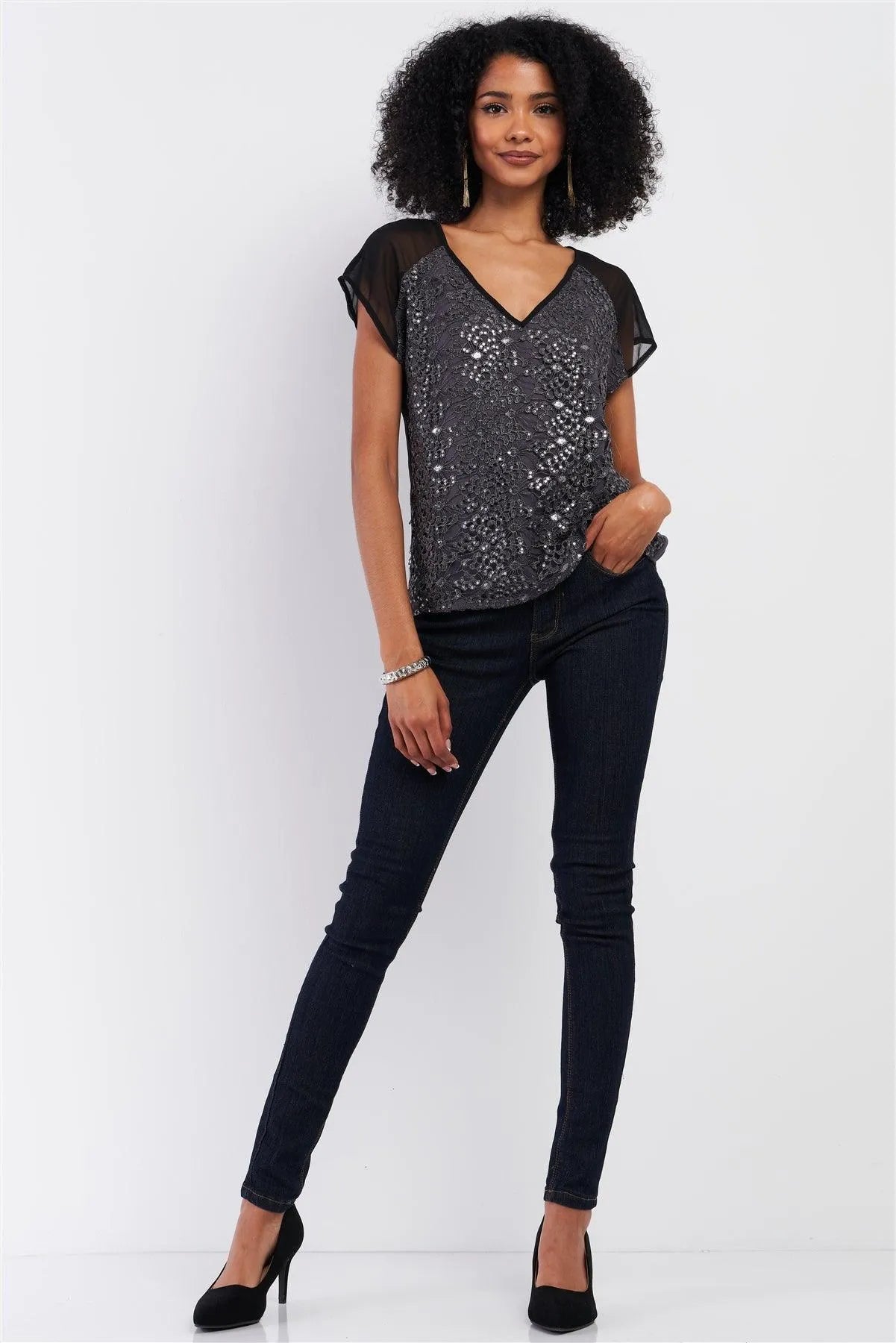 Grey & Black Mesh Crochet Sequin Embroidery V-Neck Top /1-2-2-1 - Tasha Apparel Wholesale