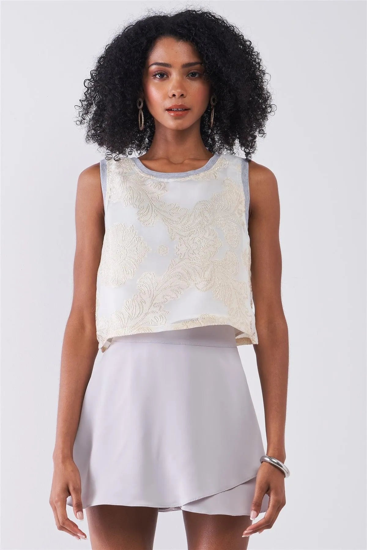 Cream Chiffon Golden Weave Ornament Embroidery Sleeveless Crop Top /1-2-2-1 - Tasha Apparel Wholesale