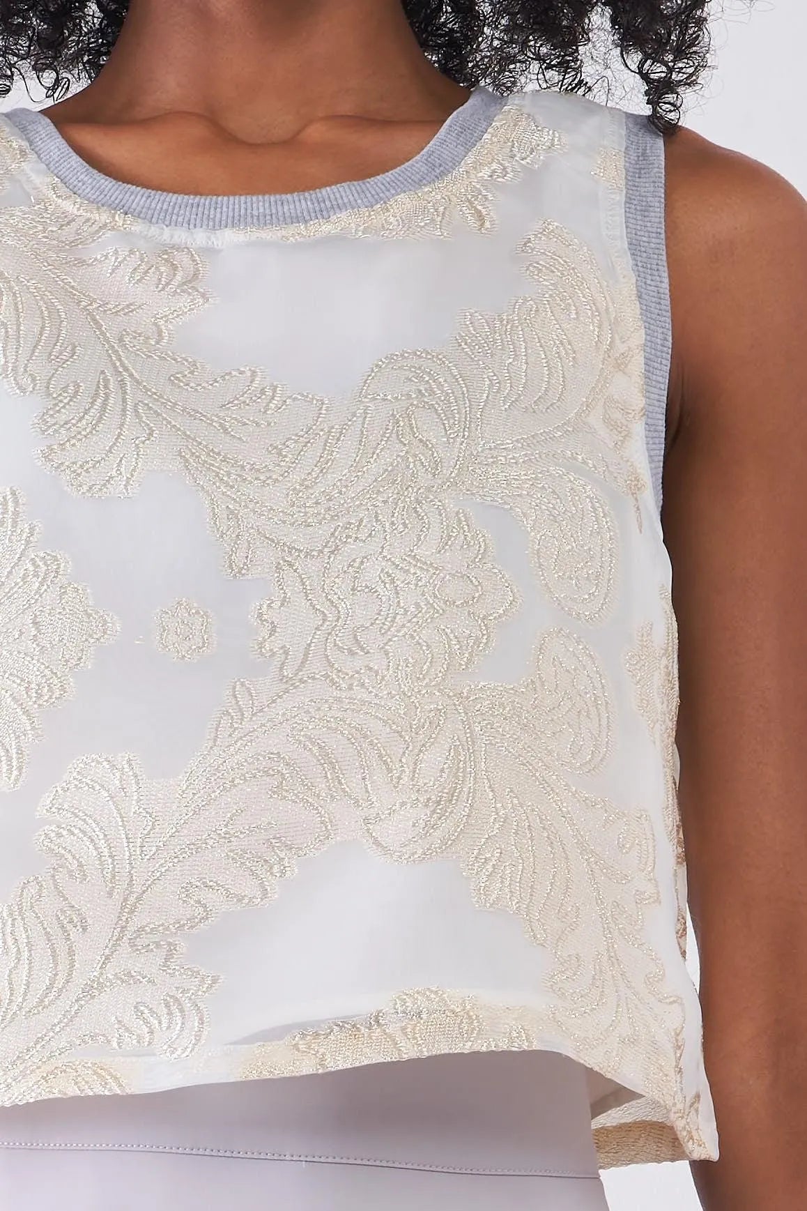 Cream Chiffon Golden Weave Ornament Embroidery Sleeveless Crop Top /1-2-2-1 - Tasha Apparel Wholesale