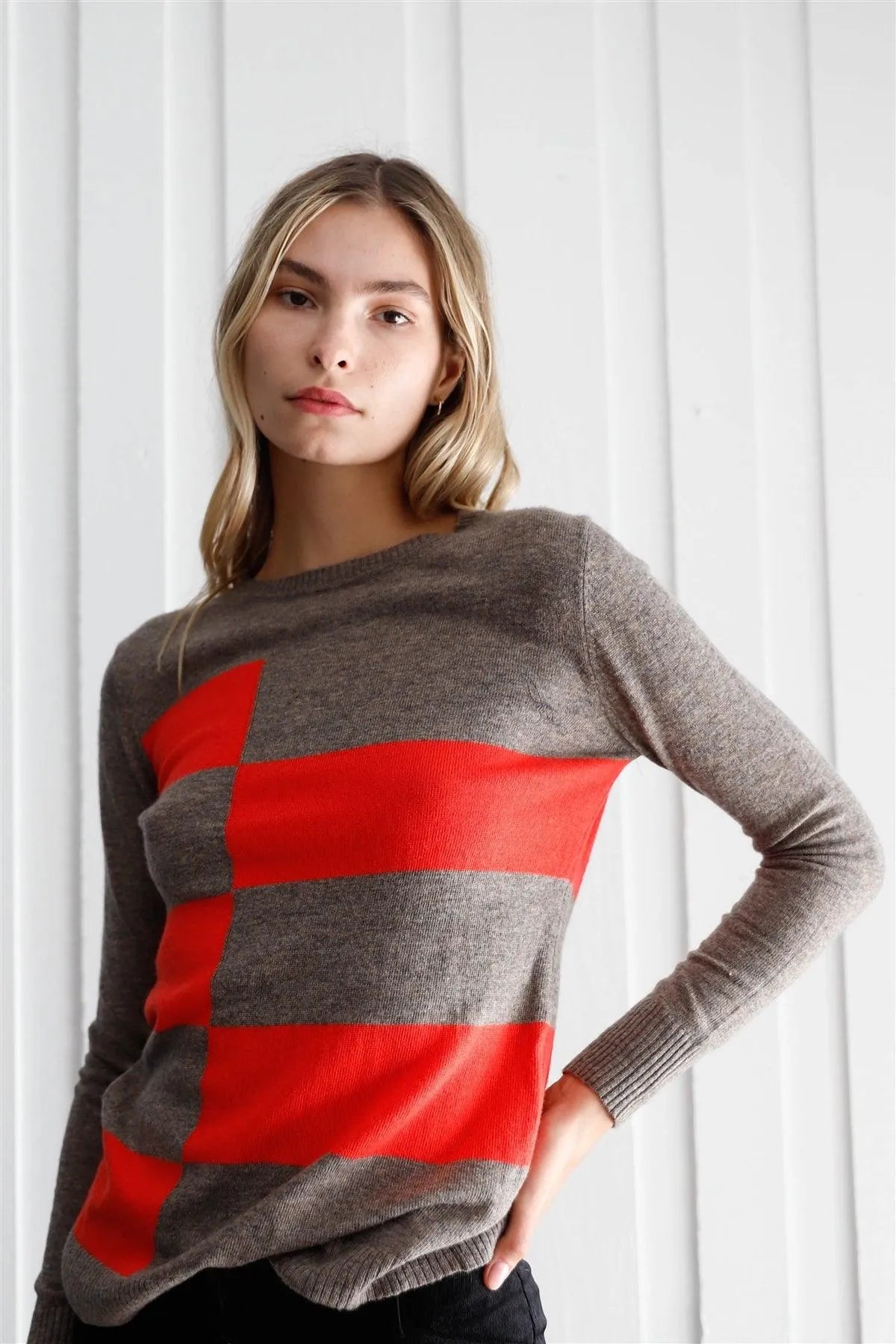 Cappuccino & Coral Color Block Print Soft Long Sleeve Ribbed Neck Angora Sweater /1-2-2-1 - Tasha Apparel Wholesale
