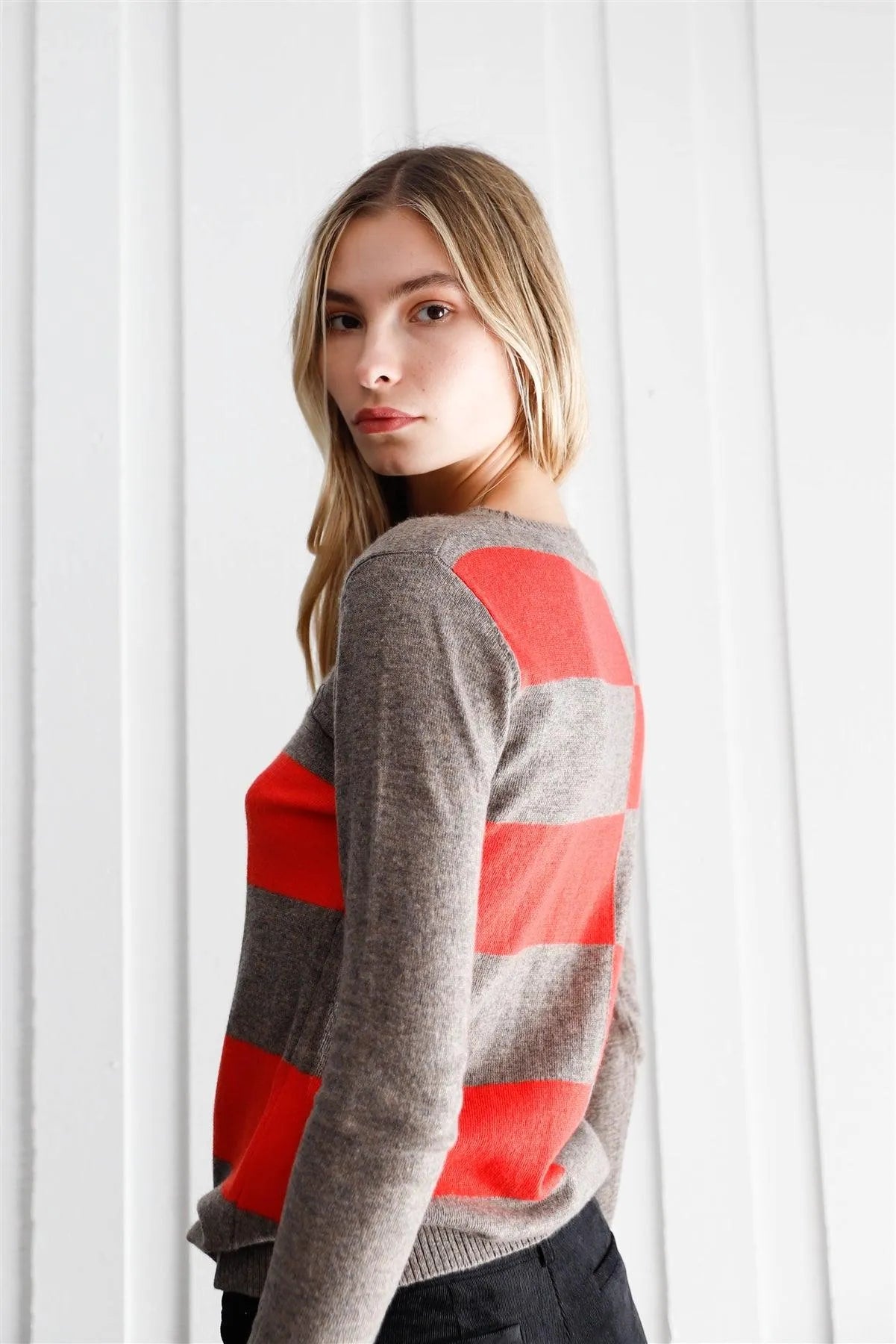Cappuccino & Coral Color Block Print Soft Long Sleeve Ribbed Neck Angora Sweater /1-2-2-1 - Tasha Apparel Wholesale