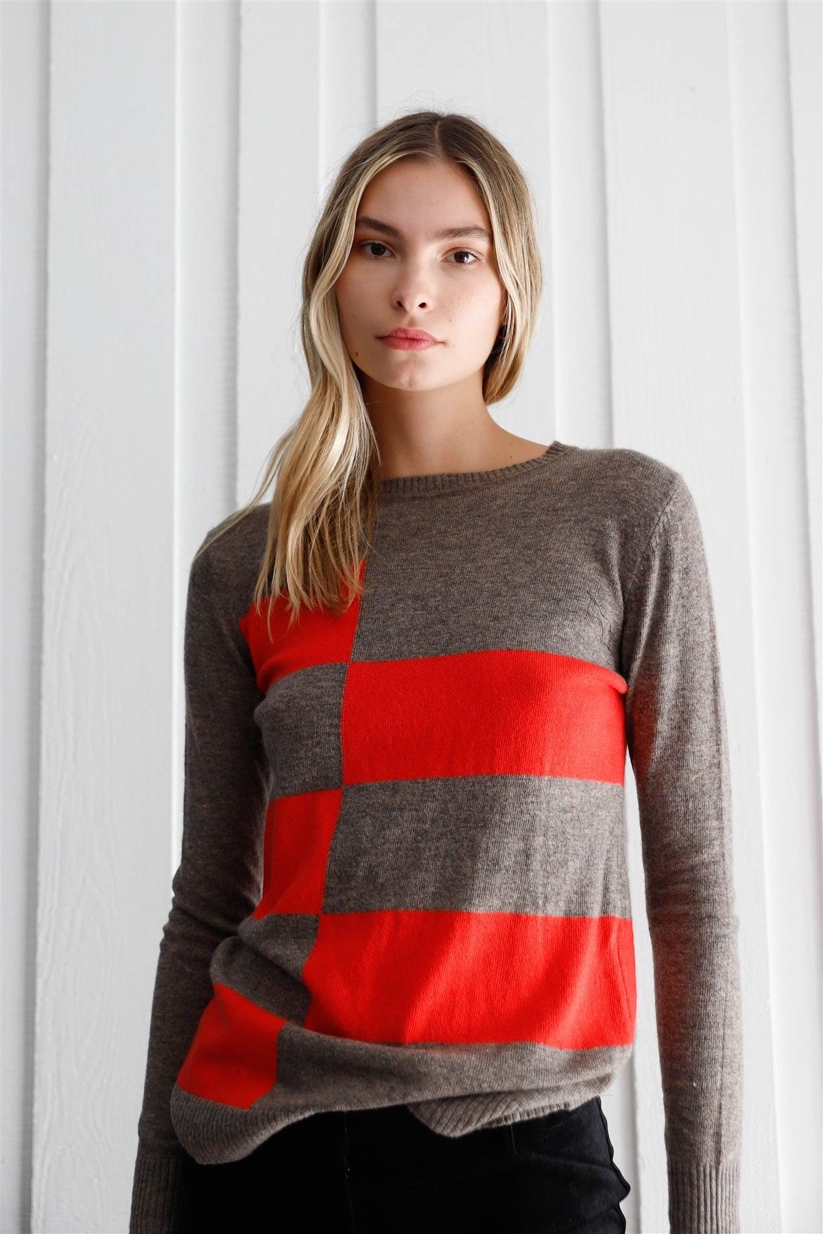 Cappuccino & Coral Color Block Print Soft Long Sleeve Ribbed Neck Angora Sweater /1-2-2-1
