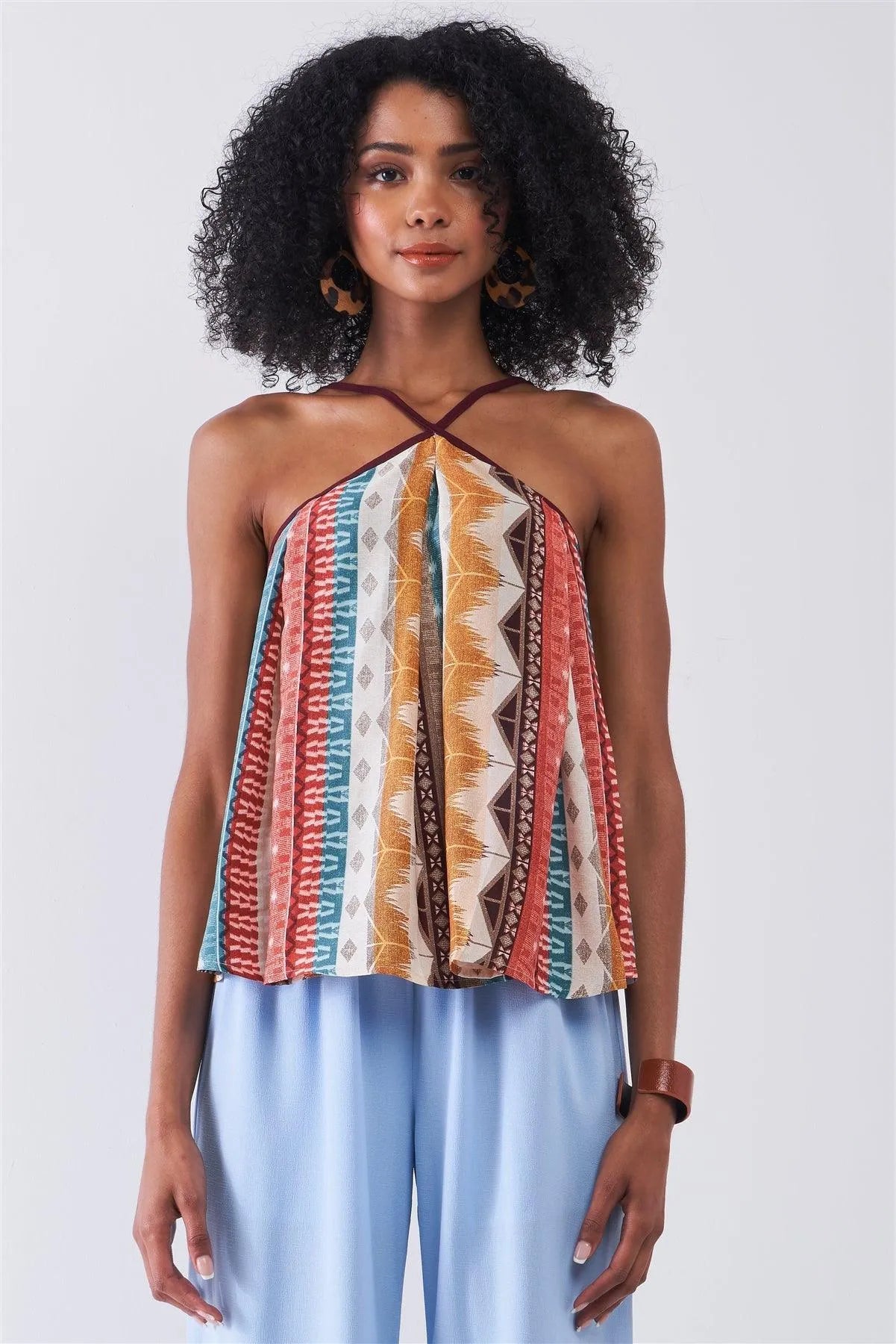 Multicolor Tribal Pattern Print Sleeveless High Halter-Neck Relaxed Top /1-2-3-1 - Tasha Apparel Wholesale