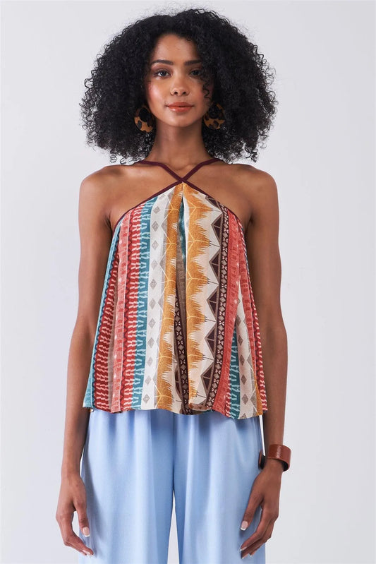 Multicolor Tribal Pattern Print Sleeveless High Halter-Neck Relaxed Top /1-2-3-1 - Tasha Apparel Wholesale