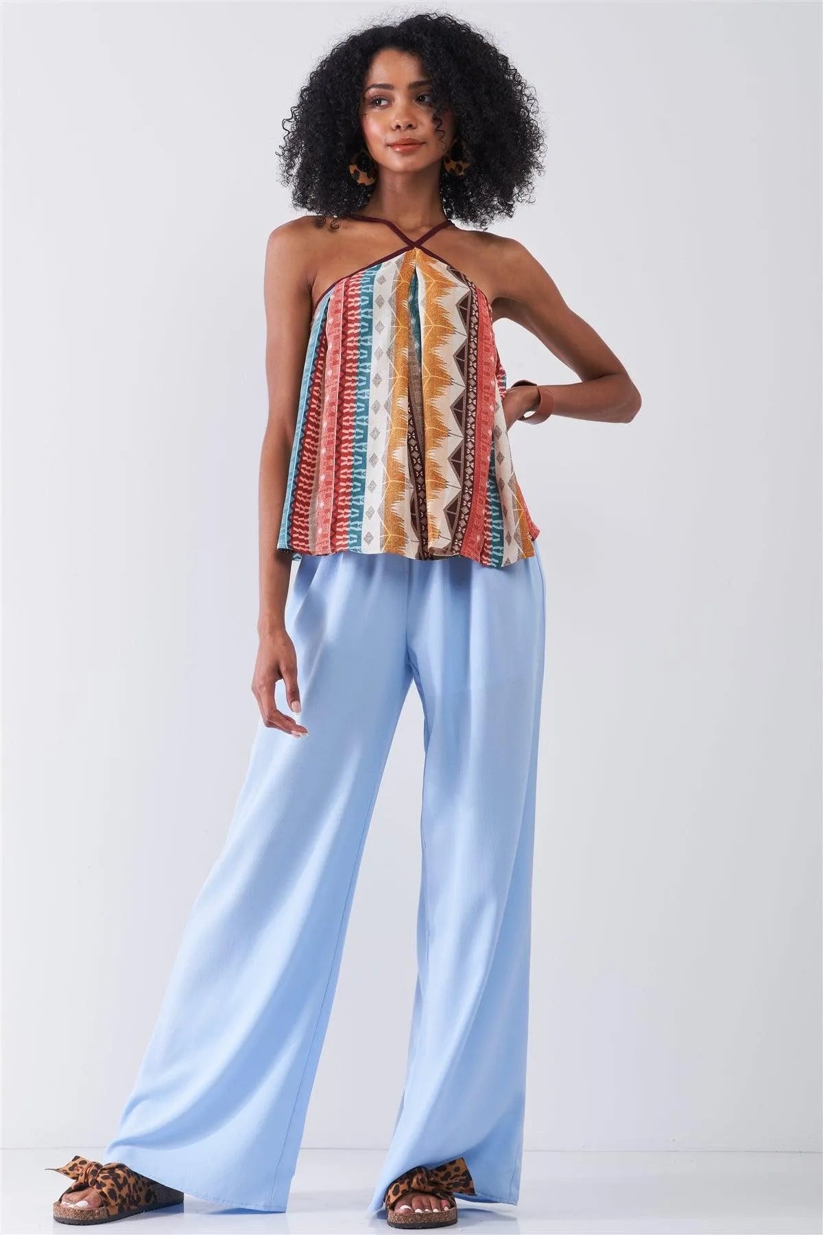 Multicolor Tribal Pattern Print Sleeveless High Halter-Neck Relaxed Top /1-2-3-1 - Tasha Apparel Wholesale