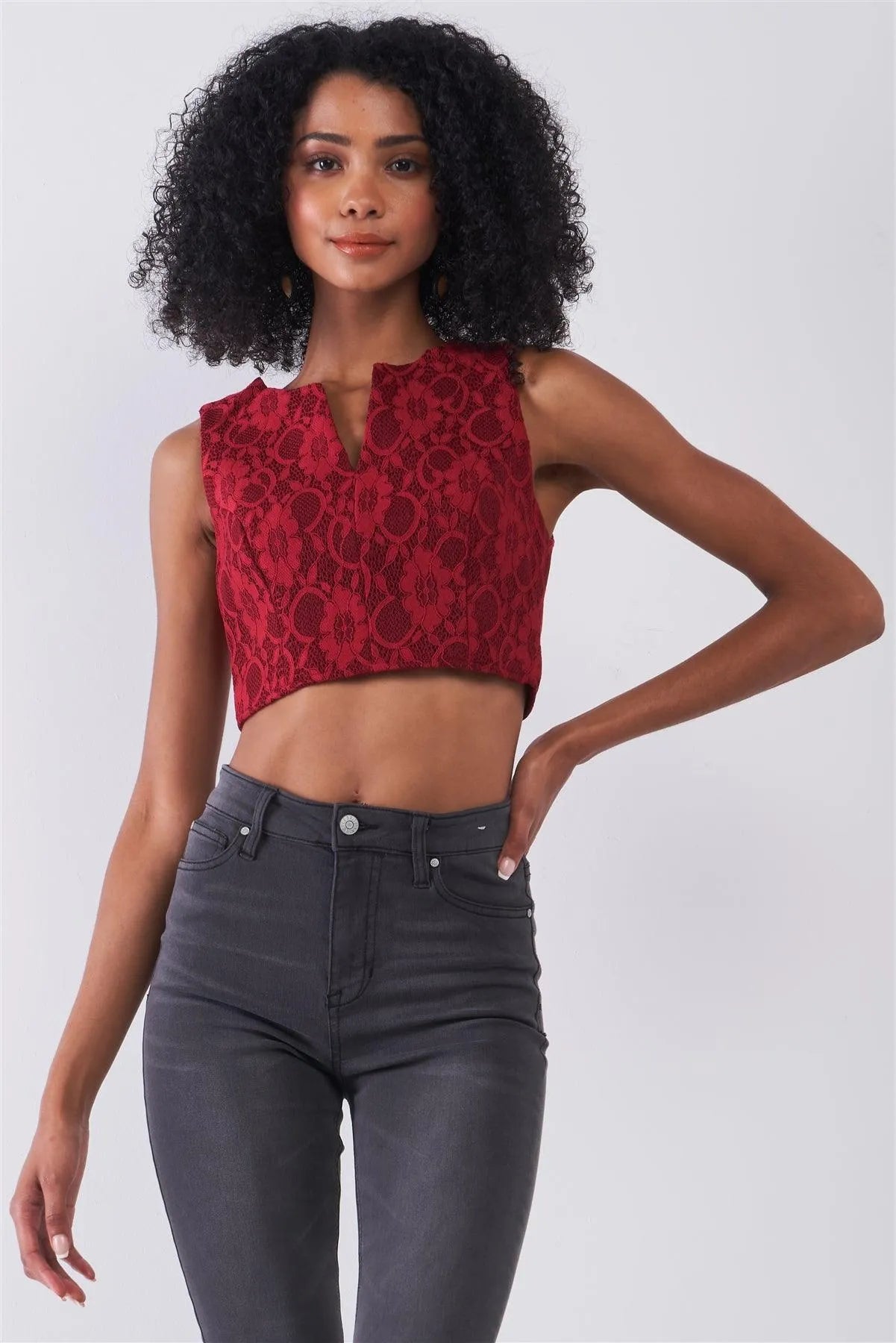 Burgundy Sleeveless Slit Neckline Cropped Length Lace Top /1-1-2-1 - Tasha Apparel Wholesale