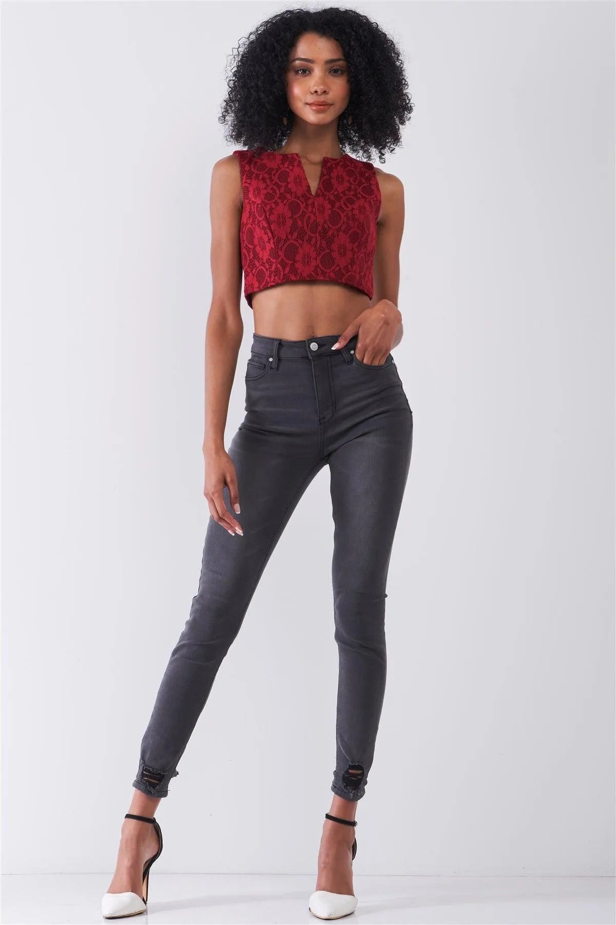 Burgundy Sleeveless Slit Neckline Cropped Length Lace Top /1-1-2-1 - Tasha Apparel Wholesale